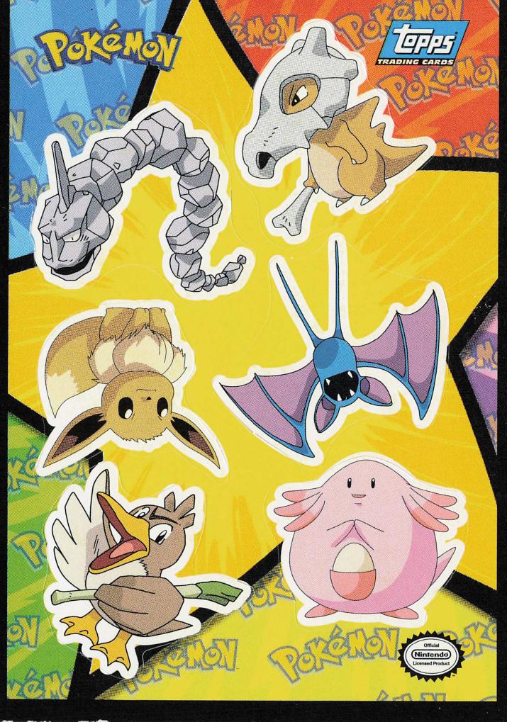 Topps sticker sheet (Onix/Cubone/Eevee/Zubat/Farfetch'd/Chansey)